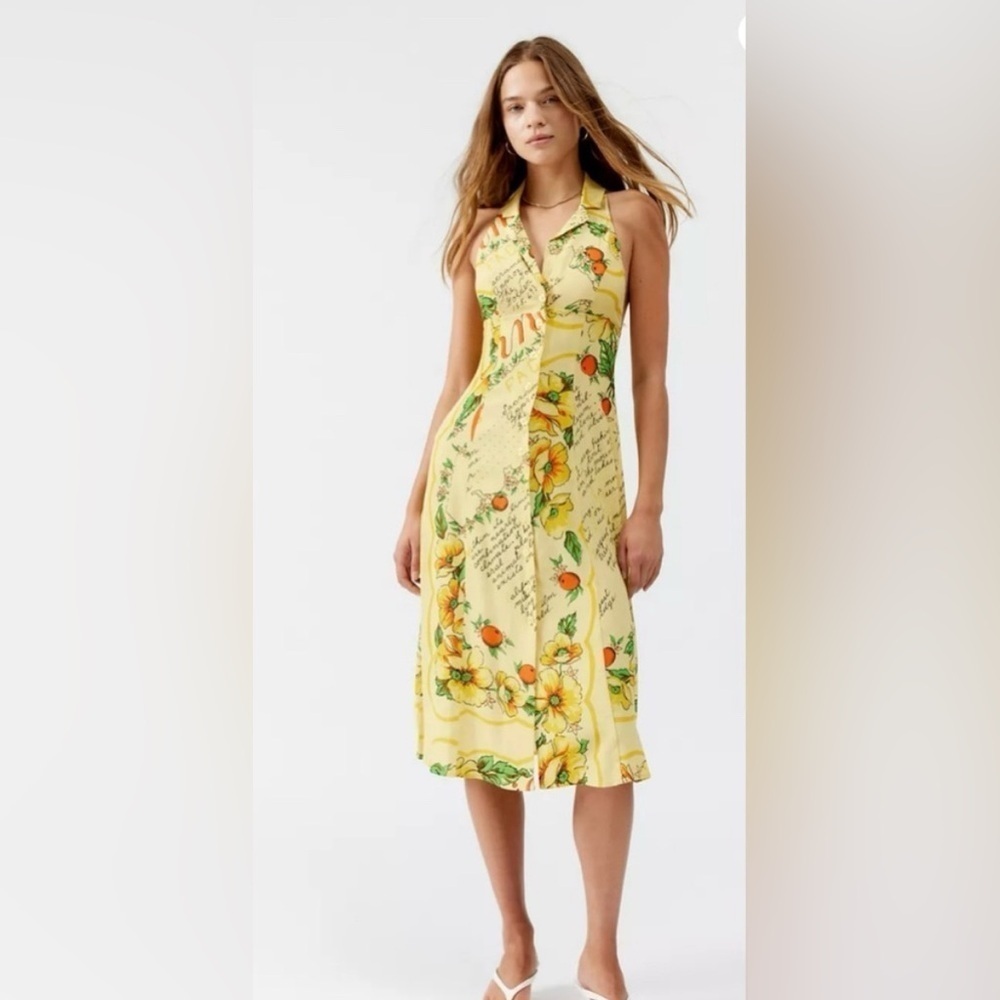 URBAN OUTFITTERS UO WILLOW MIDI SLEVELESS COLLARD DRESS FLORAL YELLOW ORANGE MED - Picture 1 of 8